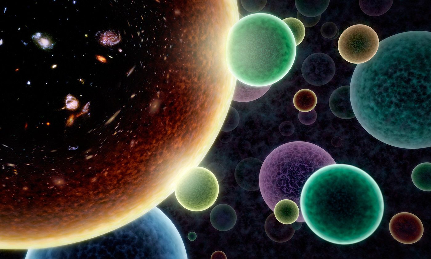 Artwork illustrating the concept of an alternate ‘bubble’ universe in which our universe (left) is not the only one. Some scientists think that bubble universes may pop into existence all the time, and occasionally nudge ours. <em>NASA/JPL-Caltech/R. Hurt (IPAC)</em>