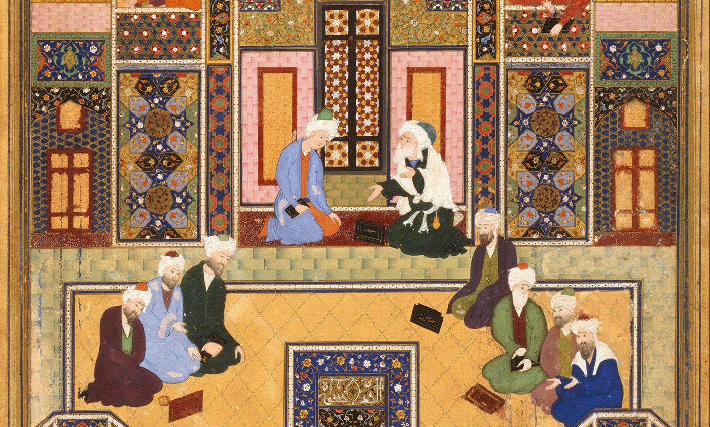 Detail from ‘The Meeting of the Theologians’ by Abd Allah Musawwir, mid-16th century. <em>Courtesy Wikipedia</em>.